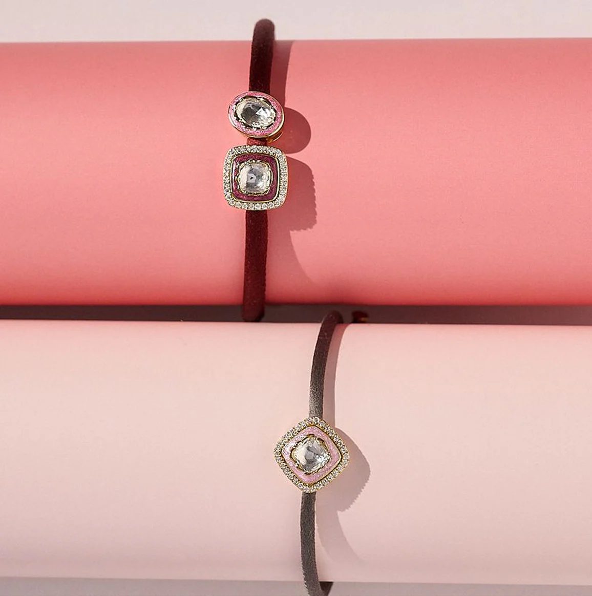 VIXII polki cord bracelets on a pink backdrop
